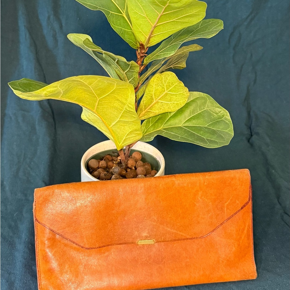 Vintage Orange Leather Envelope Clutch with Gold Accent
